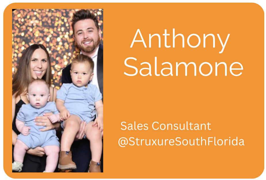 Anthony Salamone, Sales Consultant at StruXure South Florida, pictured with his family on an orange profile card